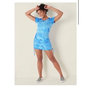 PINK Victoria’s Secret Ruched Side Short Sleeve T Shirt Dress Blue Tie Dye